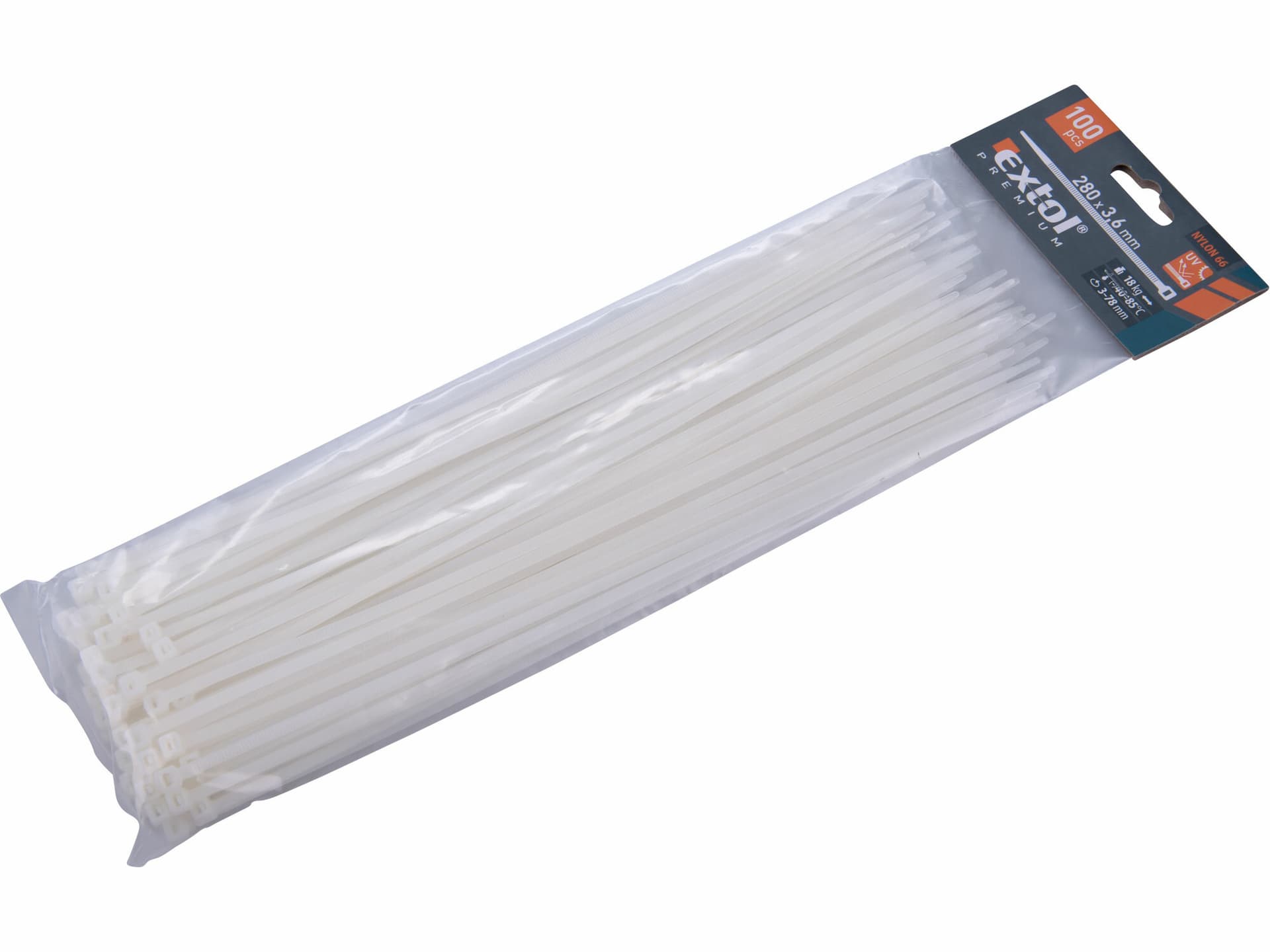 Pásky sťahovacie biele, 3,6x280mm, 100ks, max. 18kg
