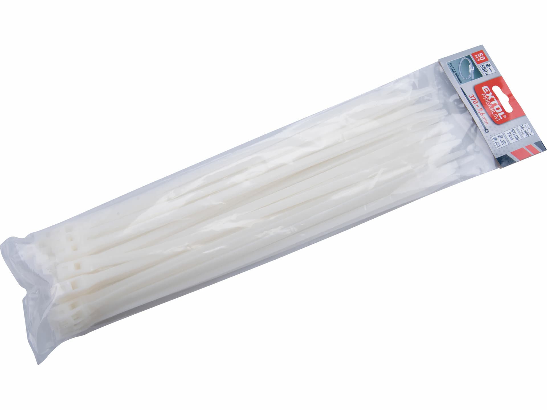 Pásky sťahovacie biele, nízkoprofilový zámok, 7,6x370mm, 50ks