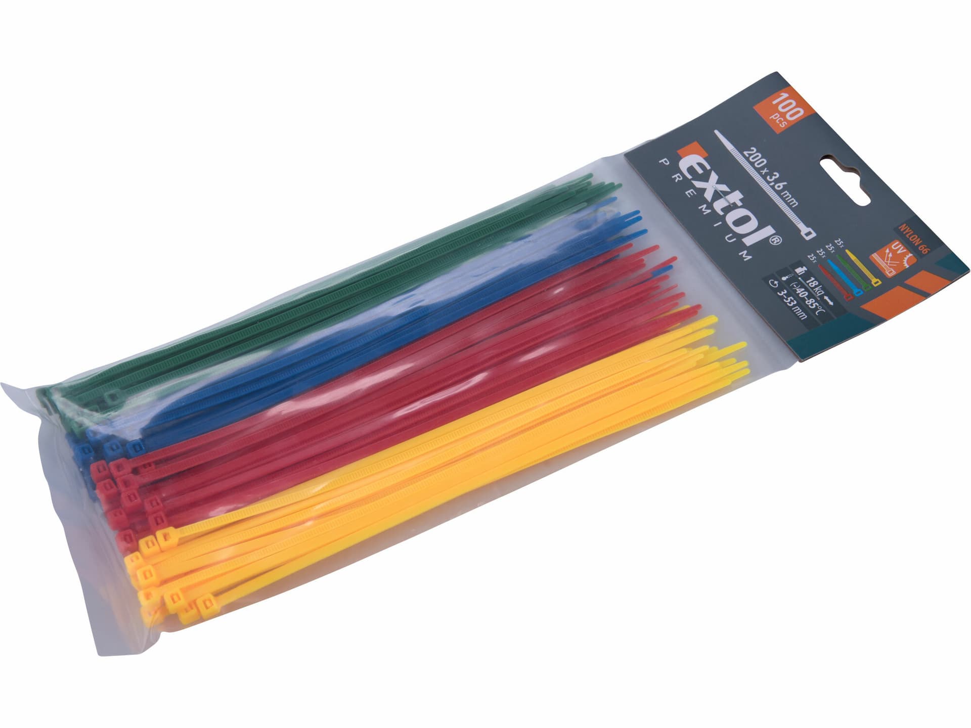 Pásky sťahovacie farebné, 3,6x200mm, 100ks, max. 18kg