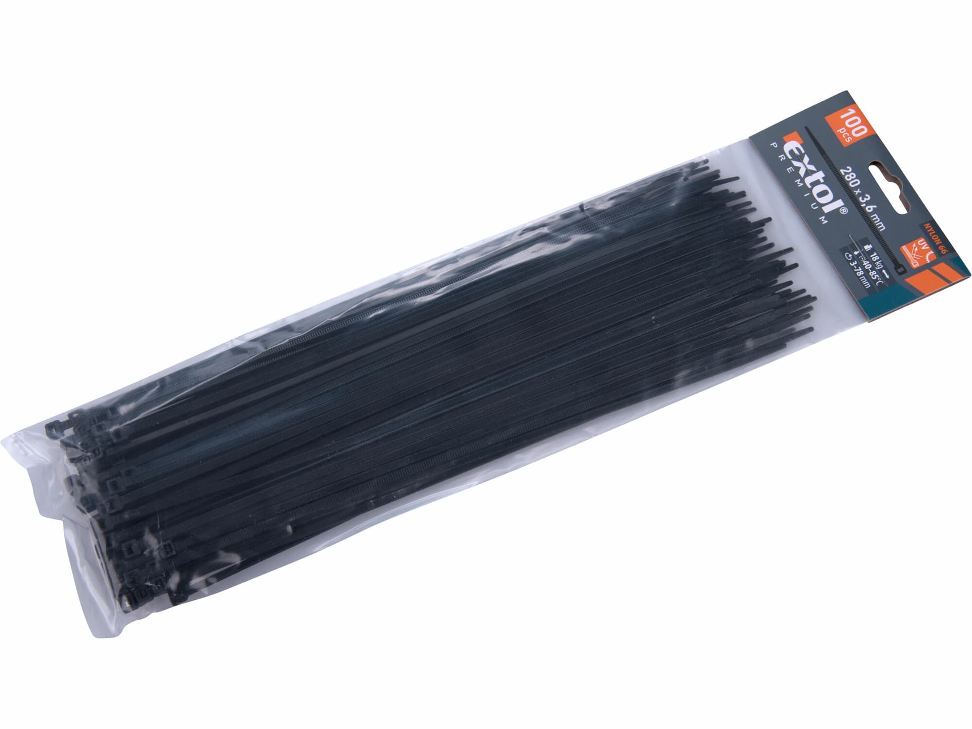 Pásky sťahovacie čierne, 3,6x280mm, 100ks, max. 18kg