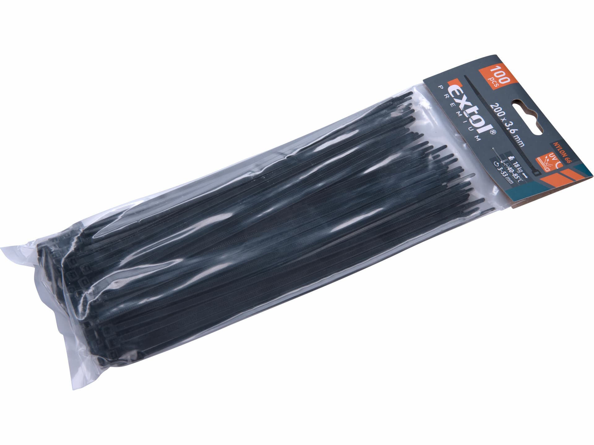 Pásky sťahovacie čierne, 3,6x200mm, 100ks, max. 18kg