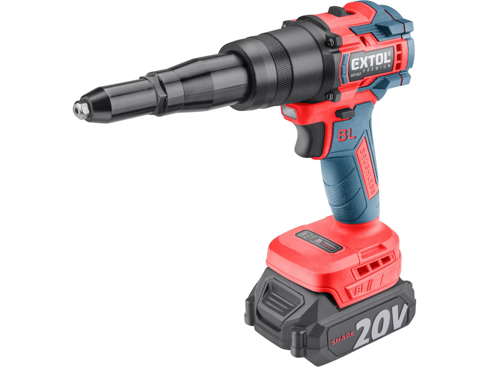 Pištoľ nitovacia aku Share20V, 1x 2Ah, 3,2-4,8mm, 12000N, dĺžka ťahu 16mm